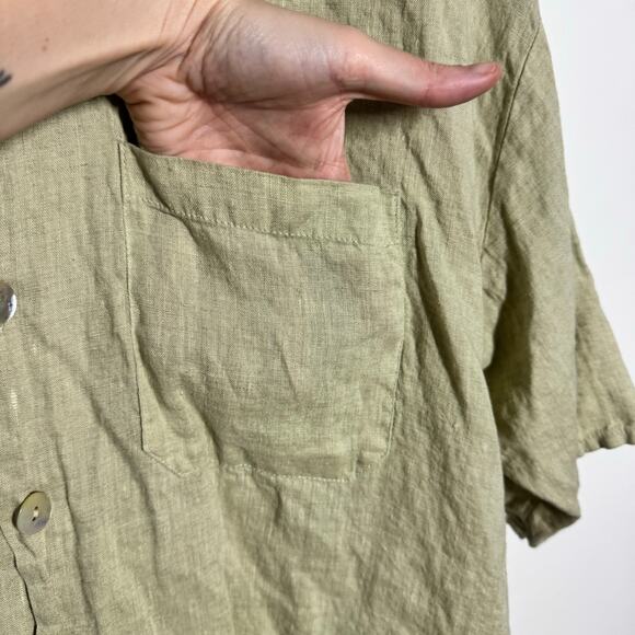 Flax Linen Lagenlook Button Up Top Women L Green Coastal Minimal Casual Vacation - Picture 5 of 8